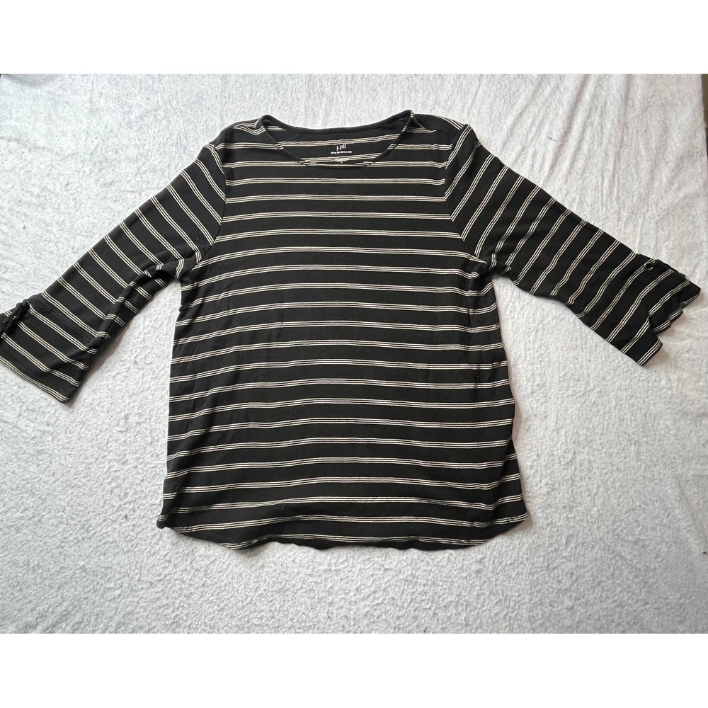 J.Jill Black White Stripe Tie Sleeve Pima Cotton Tee‎ Shirt Women's Size L